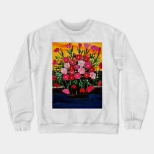 Some wildflowers in a wooden barrel but a metal fence Crewneck Sweatshirt